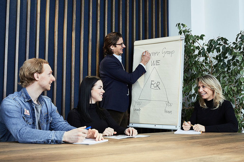 Chef zeichnet am Flipchart